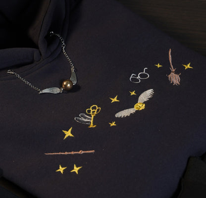 Harry Potter Embroidered Hoodie, Golden Snitch Wand Broom Key Embroidery, Wizard Aesthetic Sweatshirt, Potter Fan Gift, Bookish Merch EGG19
