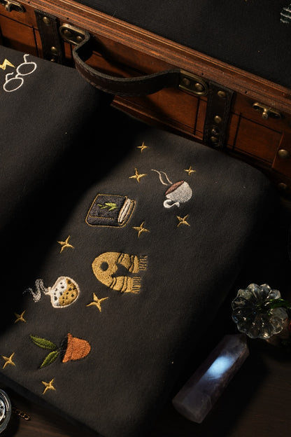 Harry Potter Embroidered Sweatshirt, Mandrake Plant Felix Felicis Book Cup Design, Wizard Cozy Aesthetic Crewneck, Potter Fan Giftt EGG24
