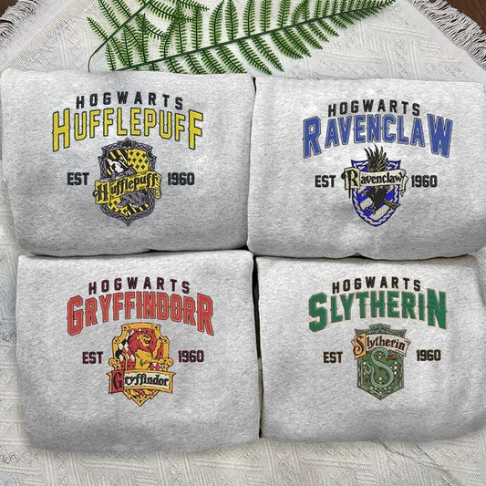 Embroidered Hogwarts Houses Sweatshirt, Magic Wizard Embroidery Shirt