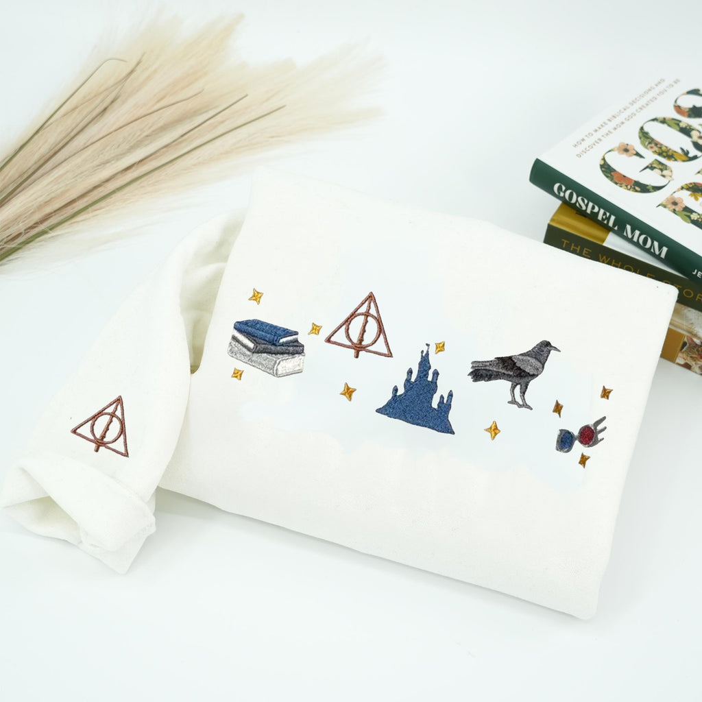 Harry Potter Embroidered Sweatshirt, Deathly Hallows Castle Design Crewneck, Wizard Aesthetic Shirt, Bookish Gift for Potter Fans EGG17