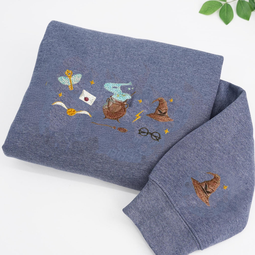 Harry Potter Embroidered Hoodie, Wizard Magic Symbols Sweatshirt, Golden Snitch Sorting Hat Cauldron Embroidery, Bookish Gift for Potter Fans EGG18