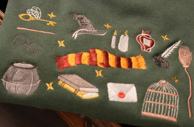 Harry Potter Embroidered Sweatshirt, Wizard School Symbols Crewneck, Gryffindor Scarf Flying Key Wand Design, Bookish Gift for Potter Fans EGG21