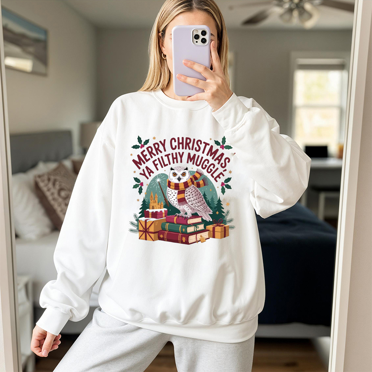 Harry Potter Christmas Sweatshirt, Merry Christmas Ya Filthy Muggle Hoodie, Hogwarts Owl Winter Crewneck, Holiday Potter Fan Gift PGG26