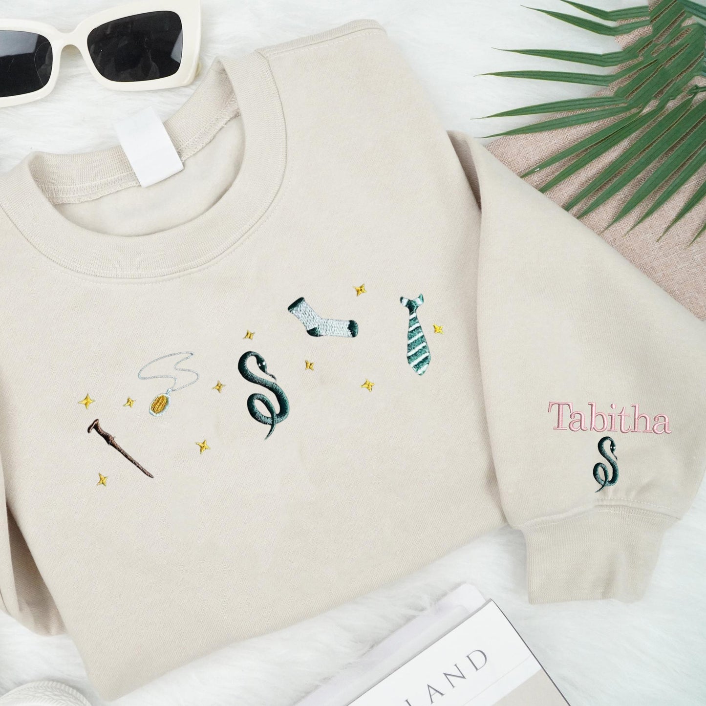 Harry Potter Embroidered Sweatshirt, Wizard School Aesthetic Crewneck, Magical Snake Sock Tie Wand Embroidery, Bookish Gift for Potter Fans EGG16