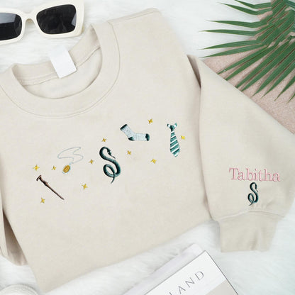 Harry Potter Embroidered Sweatshirt, Wizard School Aesthetic Crewneck, Magical Snake Sock Tie Wand Embroidery, Bookish Gift for Potter Fans EGG16