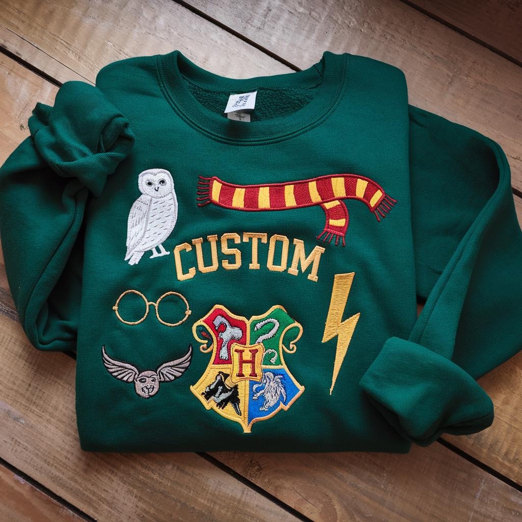 Custom Wizard School Embroidered Sweatshirt, Owl Scarf Glasses Crest Crewneck, Magical Lightning Bolt Pullover Gift EGG32