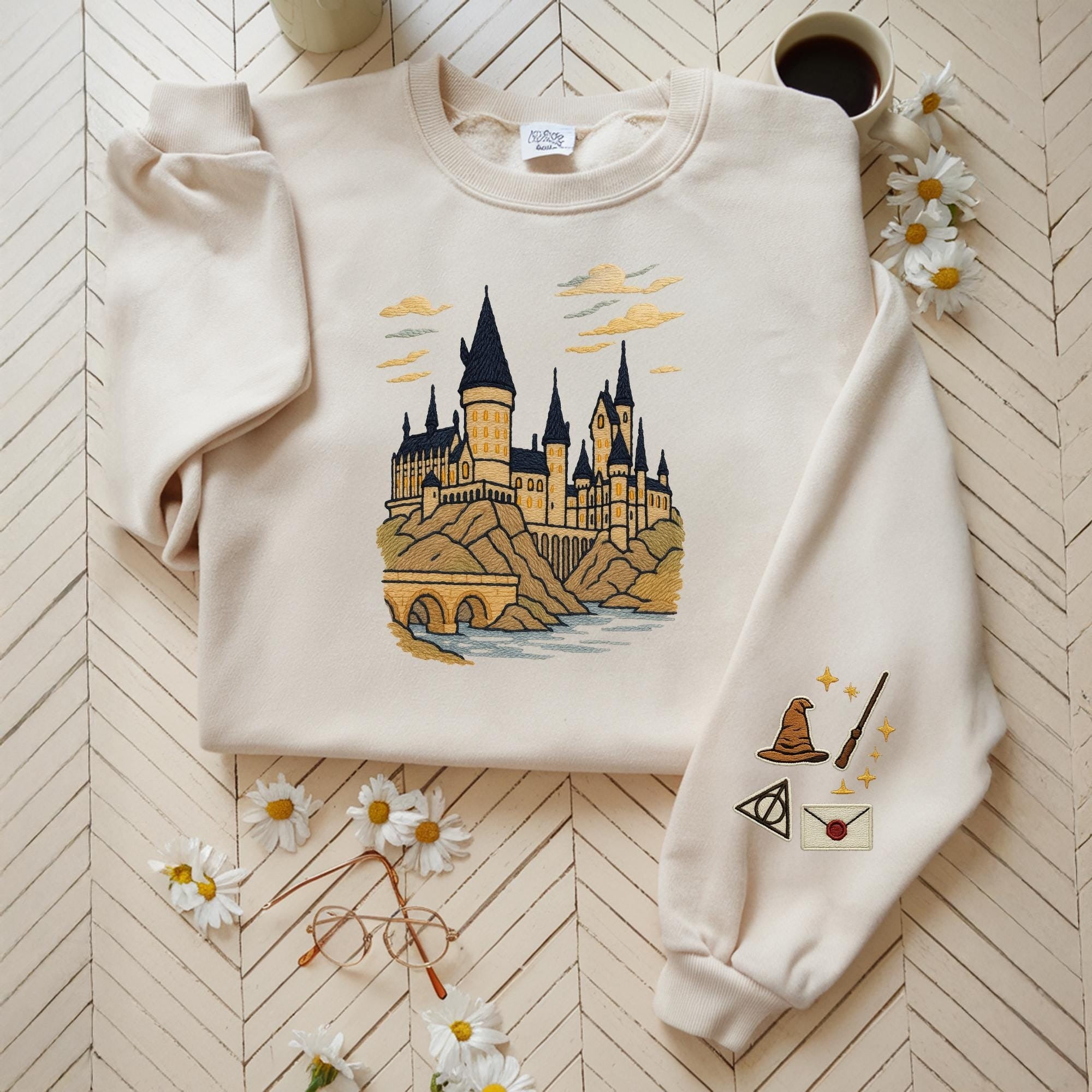Harry Potter Hogwarts Castle Embroidered Sweatshirt, Wizard School Aesthetic Hoodie, Sorting Hat Wand Deathly Hallows Crewneck EGG31