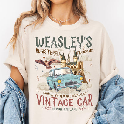 Harry Potter Weasley’s Flying Car Sweatshirt, Vintage Hogwarts Castle Hoodie, Wizard Aesthetic Crewneck, Potter Fan Gift PGG25