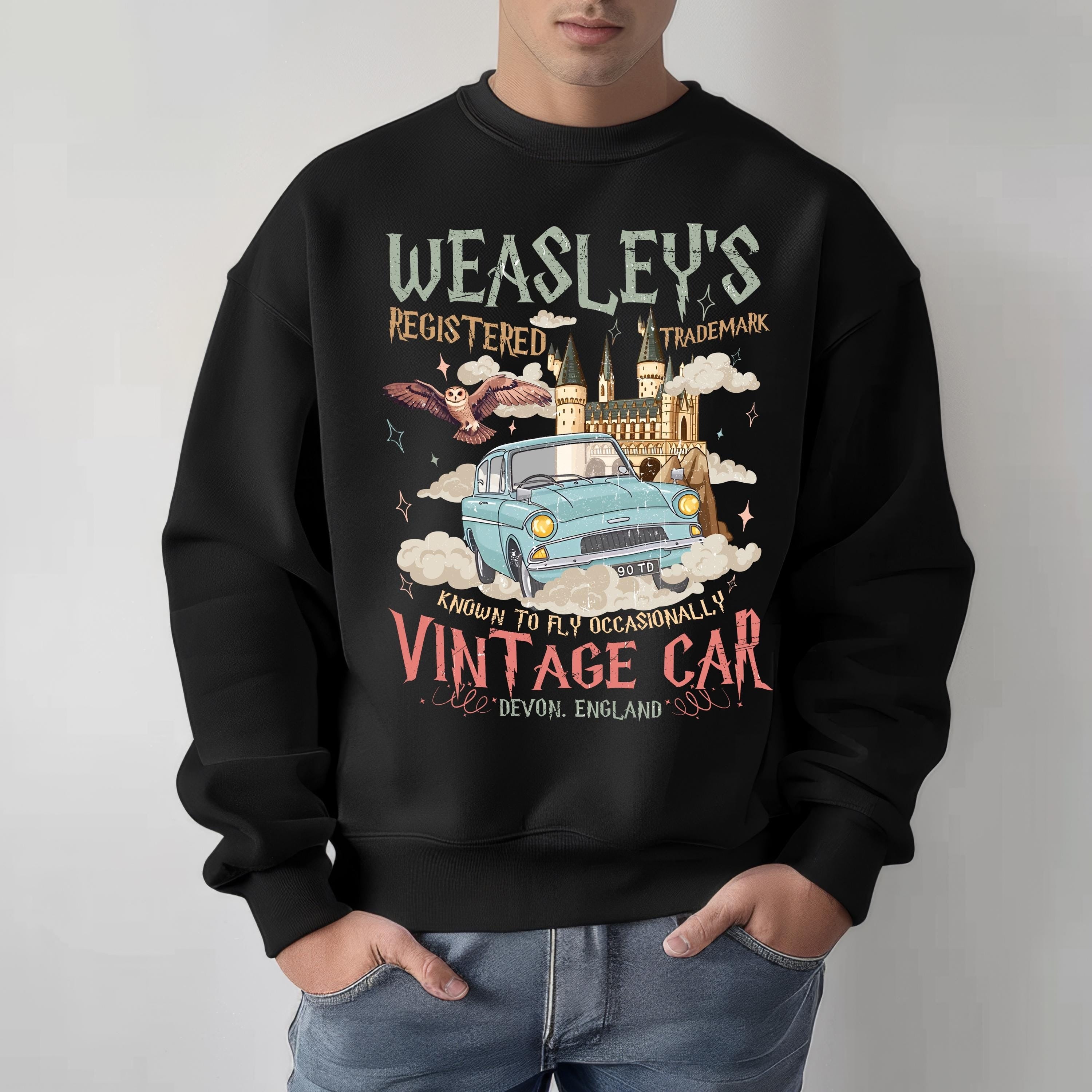 Harry Potter Weasley’s Flying Car Sweatshirt, Vintage Hogwarts Castle Hoodie, Wizard Aesthetic Crewneck, Potter Fan Gift PGG25