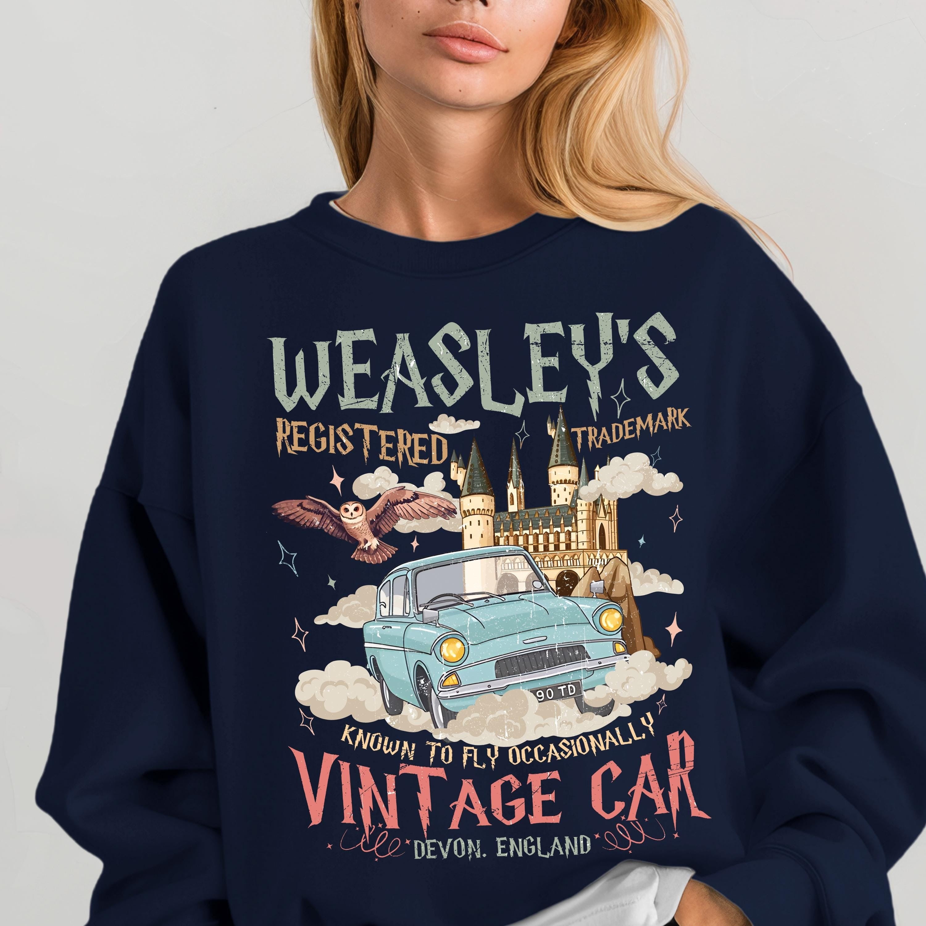 Harry Potter Weasley’s Flying Car Sweatshirt, Vintage Hogwarts Castle Hoodie, Wizard Aesthetic Crewneck, Potter Fan Gift PGG25