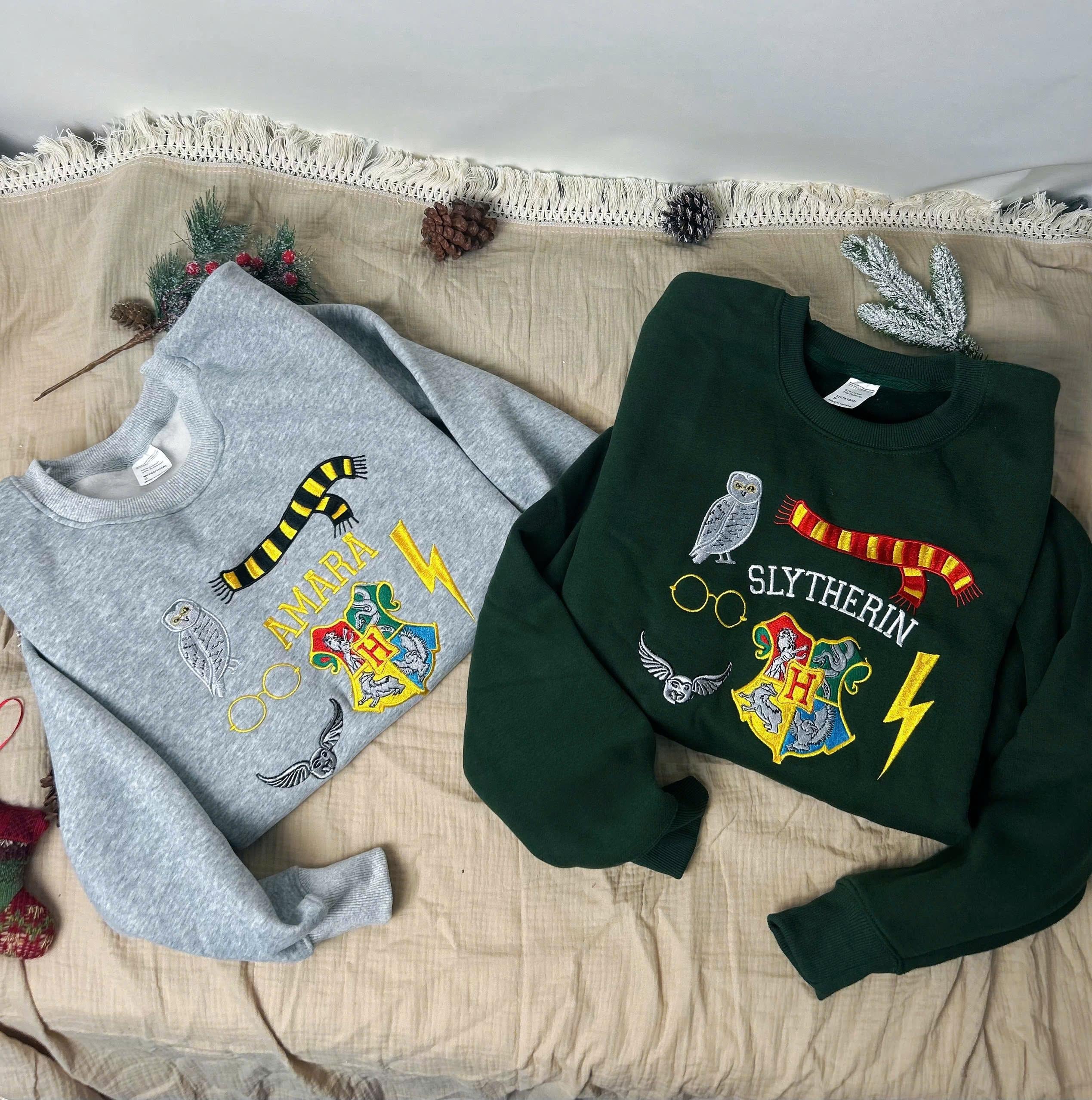 Custom Wizard School Embroidered Sweatshirt, Owl Scarf Glasses Crest Crewneck, Magical Lightning Bolt Pullover Gift EGG32