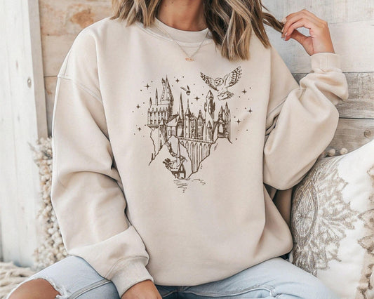 Harry Potter Hogwarts Castle Sweatshirt, Minimal Line Art Wizard Hoodie, Hedwig Owl Aesthetic Crewneck, Potter Fan GiftPGG30
