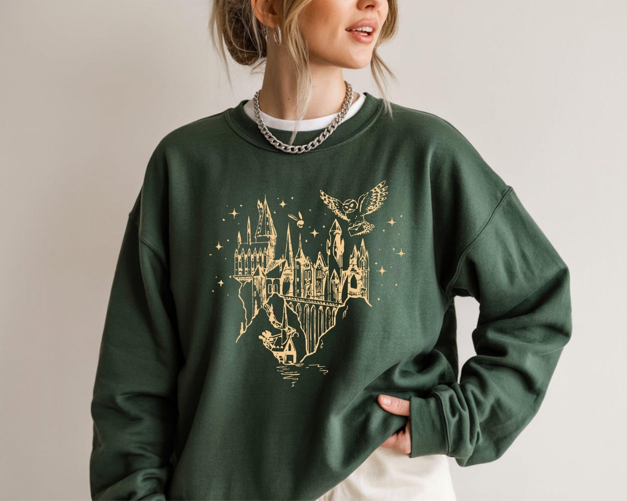 Harry Potter Hogwarts Castle Sweatshirt, Minimal Line Art Wizard Hoodie, Hedwig Owl Aesthetic Crewneck, Potter Fan GiftPGG30