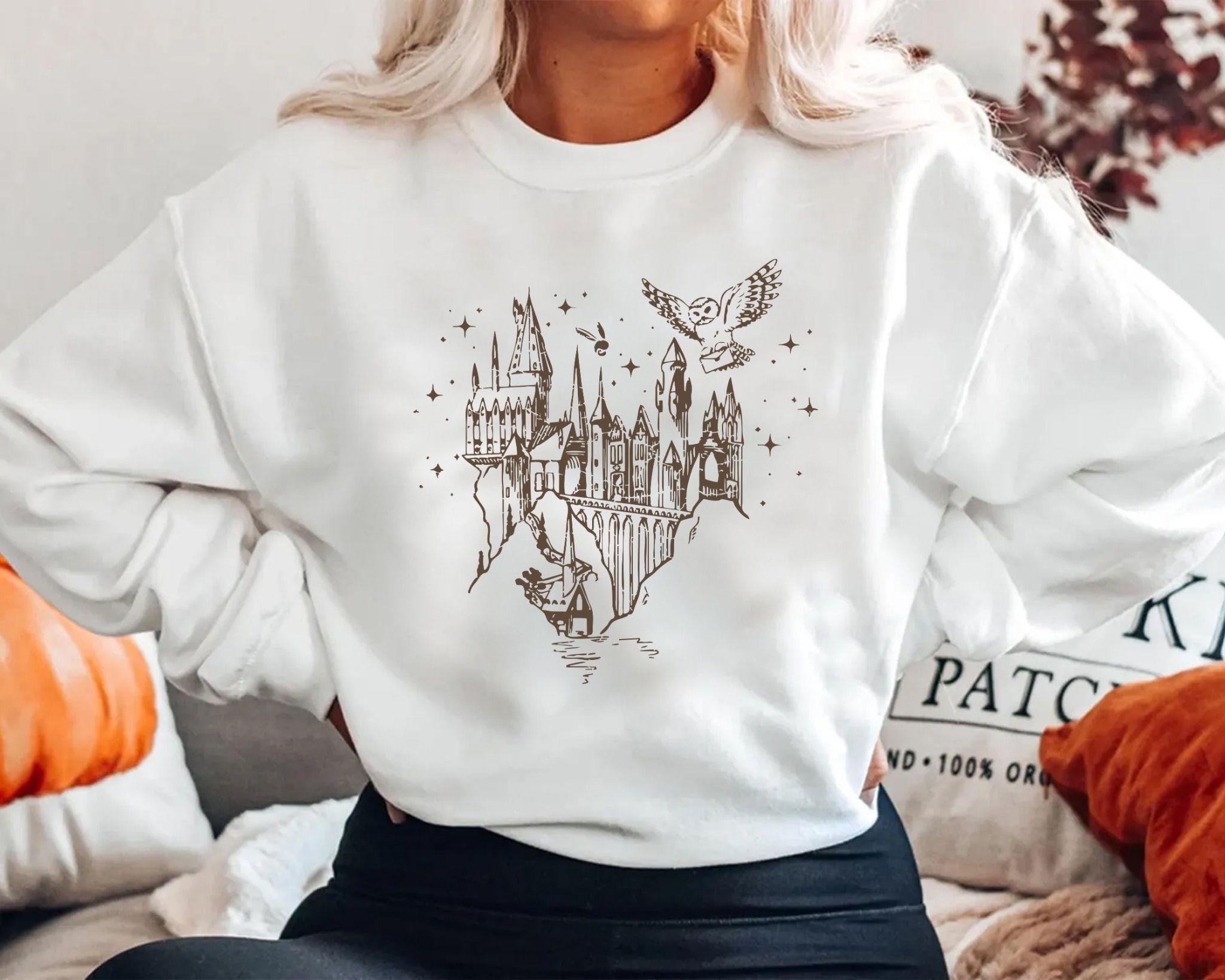 Harry Potter Hogwarts Castle Sweatshirt, Minimal Line Art Wizard Hoodie, Hedwig Owl Aesthetic Crewneck, Potter Fan GiftPGG30