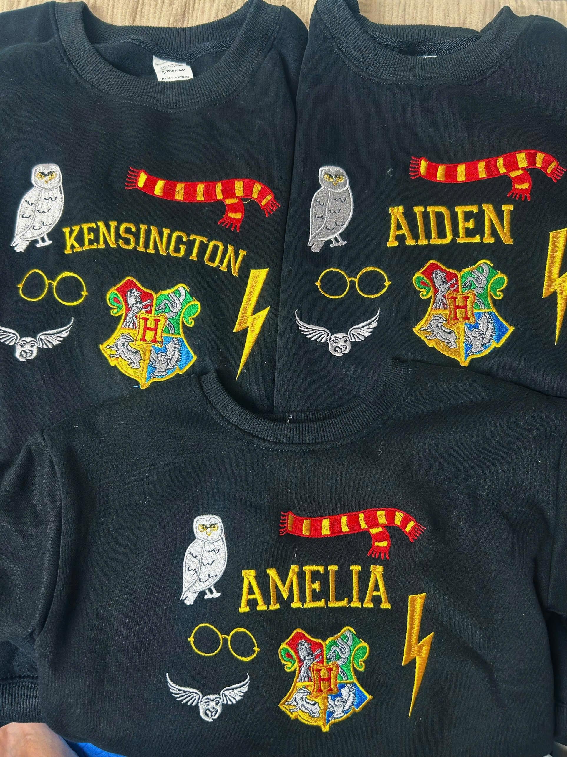 Custom Wizard School Embroidered Sweatshirt, Owl Scarf Glasses Crest Crewneck, Magical Lightning Bolt Pullover Gift EGG32