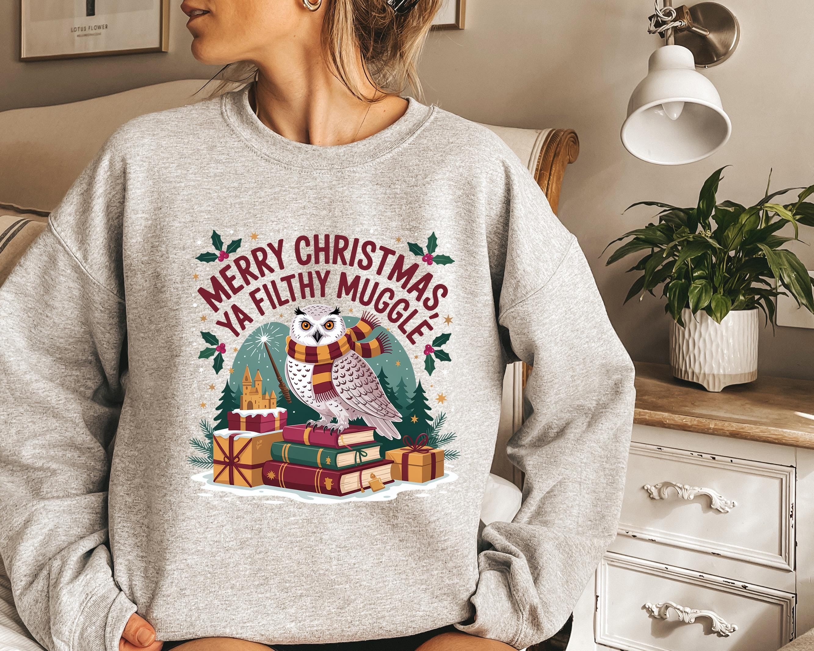 Harry Potter Christmas Sweatshirt, Merry Christmas Ya Filthy Muggle Hoodie, Hogwarts Owl Winter Crewneck, Holiday Potter Fan Gift PGG26