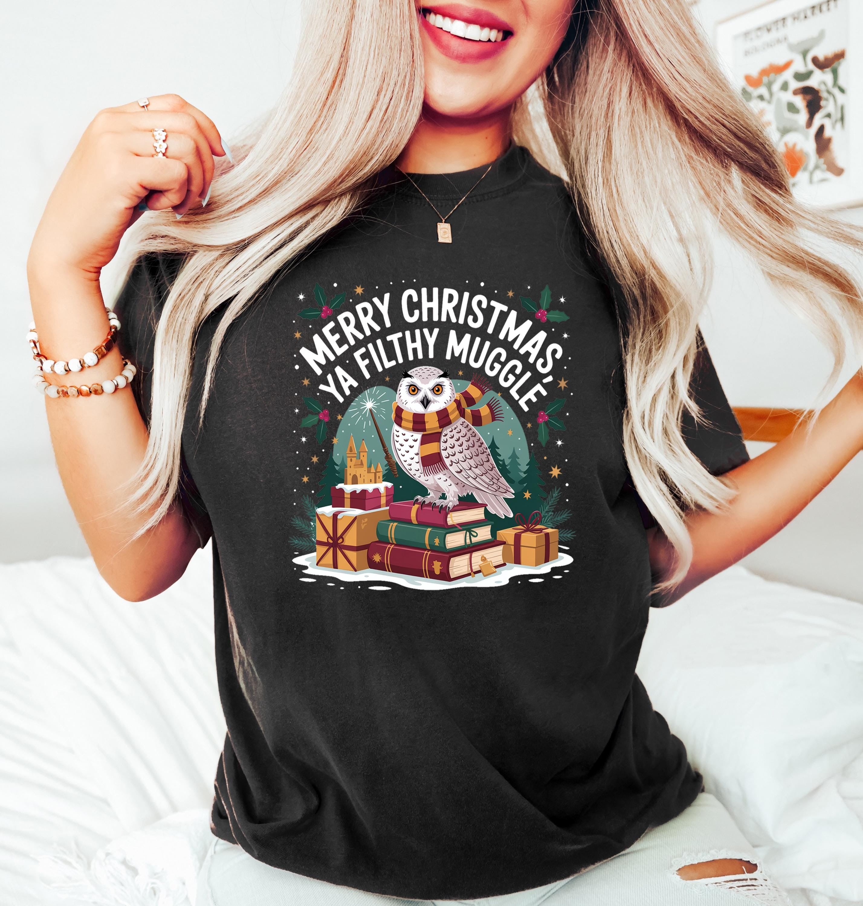 Harry Potter Christmas Sweatshirt, Merry Christmas Ya Filthy Muggle Hoodie, Hogwarts Owl Winter Crewneck, Holiday Potter Fan Gift PGG26