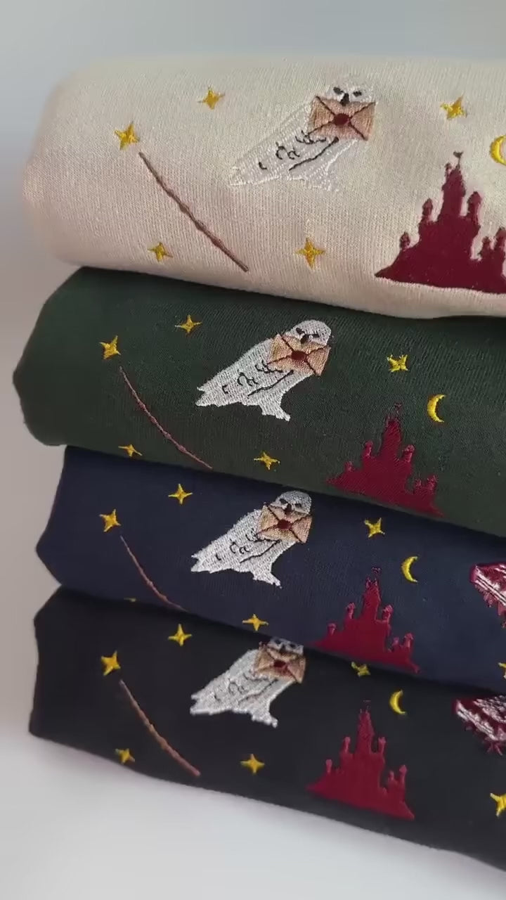 Harry Potter Embroidered Sweatshirt, Hedwig Owl Wand Hogwarts Castle Crewneck, Wizard Aesthetic Minimalist Shirt, Bookish Potter Fan Gift EGG23